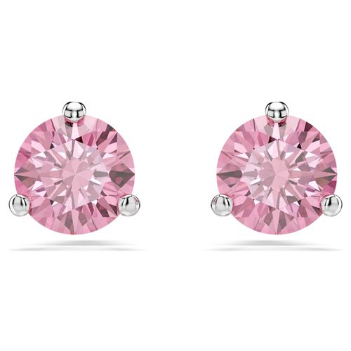 Solitaire stud earrings, Round cut, Pink, Rhodium plated