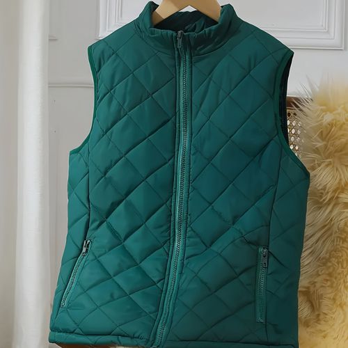 TEMU Women's Lightweight Quilted Vest - Teal Sleeveless Jacket With Zipper, Pockets, And Stand Collar, Durable Polyester For Fall/winter, Machine