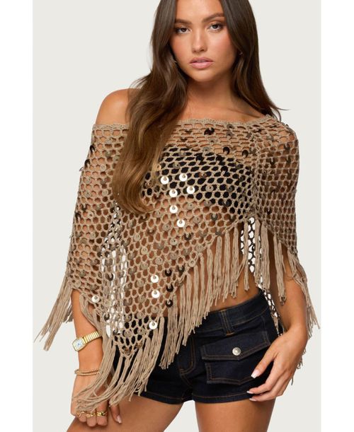 Women's Fringe Sequin Crochet Poncho - Tan