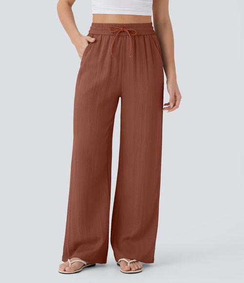 High Waisted Drawstring Pocket Wide Leg Casual Linen-Feel Pants  - Sequoia