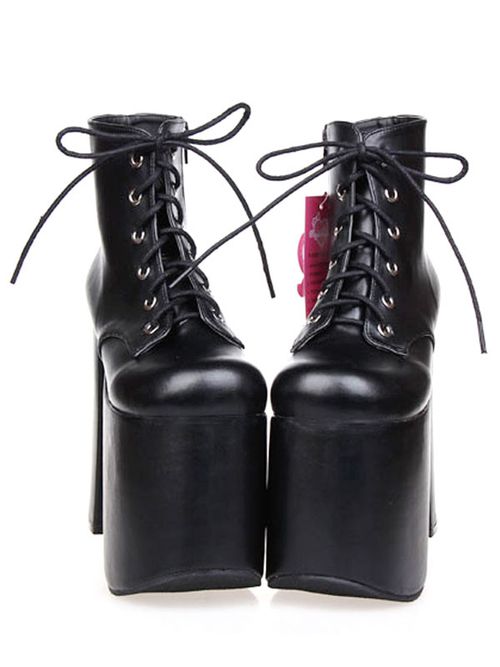 Black Lolita Booties Chunky Heel Platform Round Toe Lace Up Lolita Short Boot