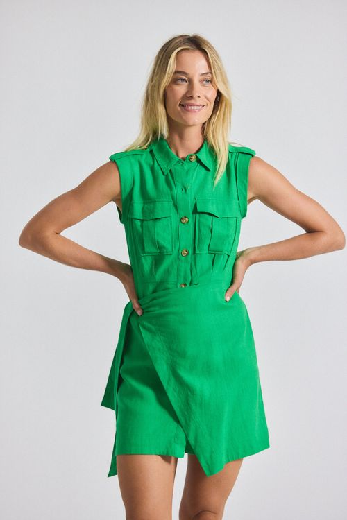 Giselle Mini Tie Front Cargo Dress - Kelly Green