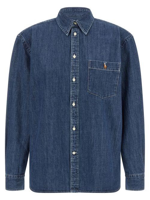 Logo-Embroidered Denim Shirt — Blue