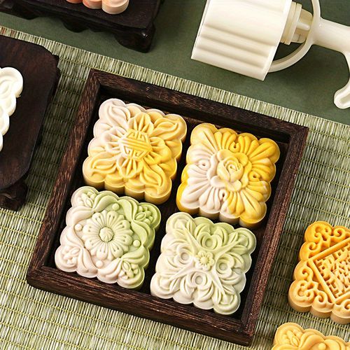TEMU 5pcs Set Of Square Flower Shaped Mooncake Molds For Mid-autumn Festival, 3d Flower Shaped Diy Hand Press Cookie Stamps With 4pcs Mold, Diy