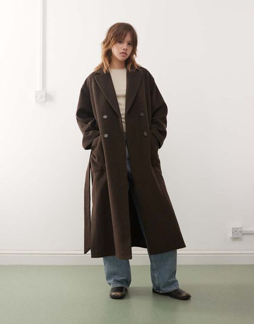 Belted wool blend double breasted coat in brown melange