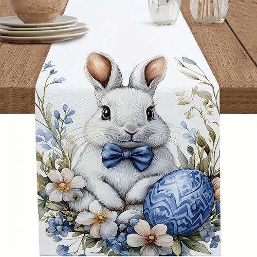 TEMU Easter Bunny & Floral Table Runner - Cute With Tie, Watercolor Spring Flowers, Fabric 13x36/48/72/108cm Pastel Green/blue/ For Wedding