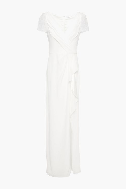 Camellia embellished lace-paneled draped cady bridal gown
