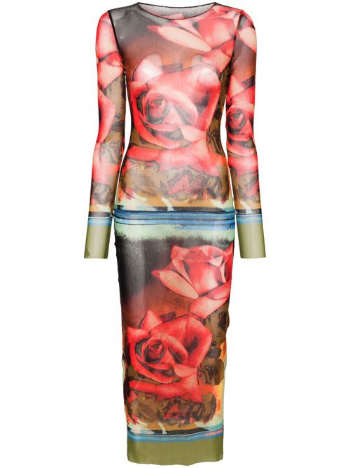 Rose-print mesh midi dress - Green