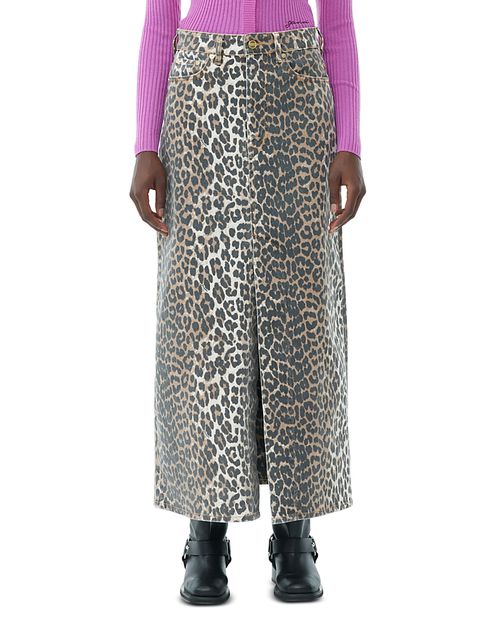 Leopard Print Denim Maxi Skirt