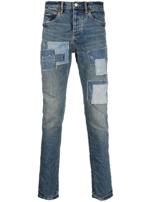 Stonewashed patchwork mid-rise jeans - Blue