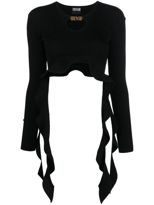 Ruffled ribbed-knit cropped top - Black
