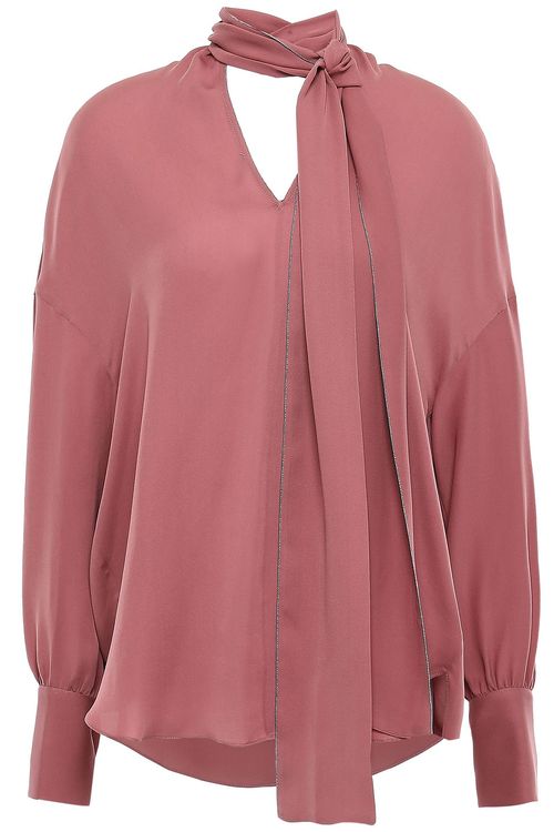 Tie-neck bead-embellished silk crepe de chine blouse - Pink - L
