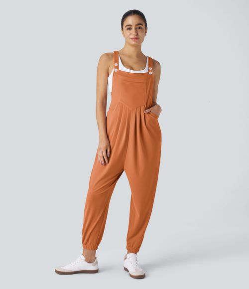 Pockets Waffle Casual Jogger Overalls  - Apricot Orange