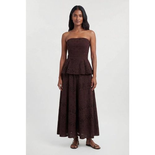 Karen Millen Women's Cotton Broderie Peplum Bandeau Midi Dress in Chocolate