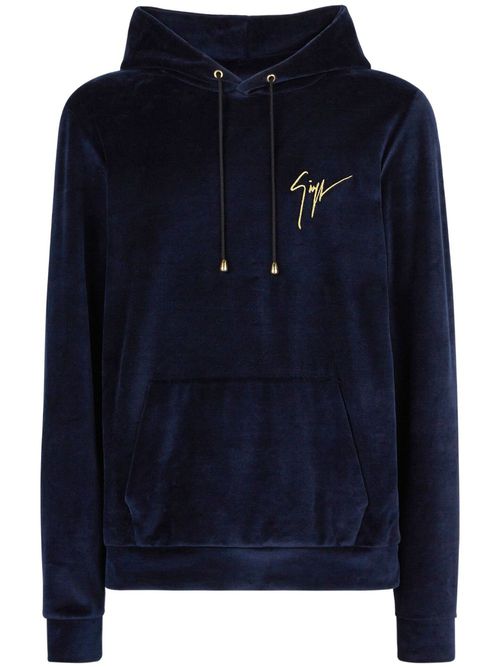 Logo-embroidered velvet hoodie - Blue