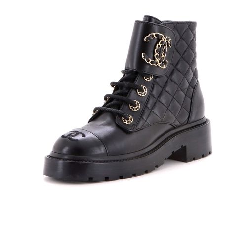 Women's Chain CC Cap Toe Lace Up Combat Boots Quilted Leather