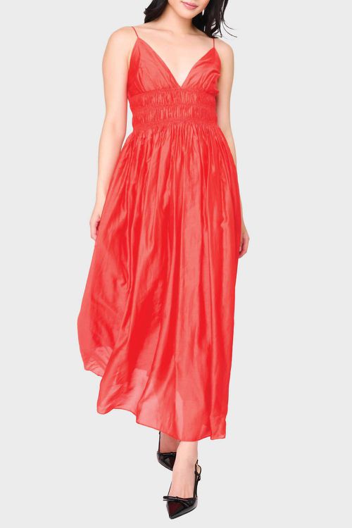 Sleeveless V-Neck Shirred Midi Dress