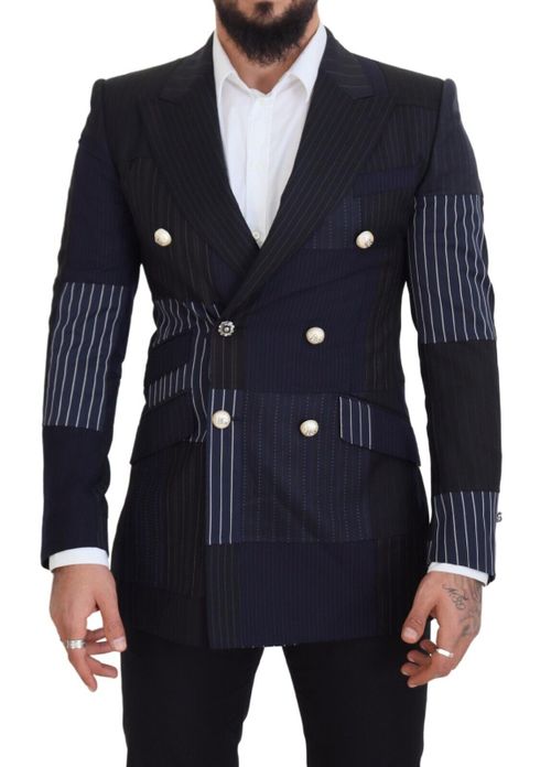 Wool Patchwork Double-Breasted Blazer — Navy