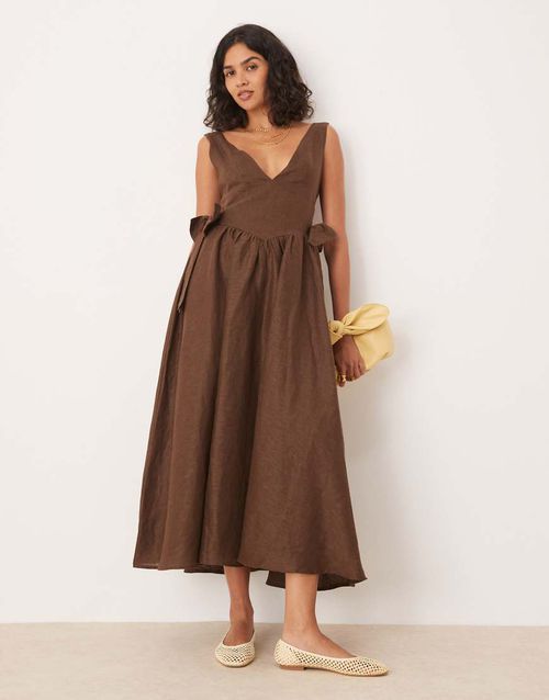Daphne linen ruffle detail midi dress in chocolate brown
