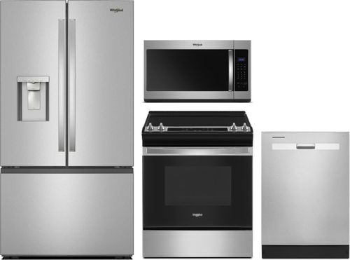 Whirlpool 4 Piece Kitchen Appliances Package with French Door Refrigerator, Electric Range, Dishwasher and Over the Range Microwave in Fingerprint Re