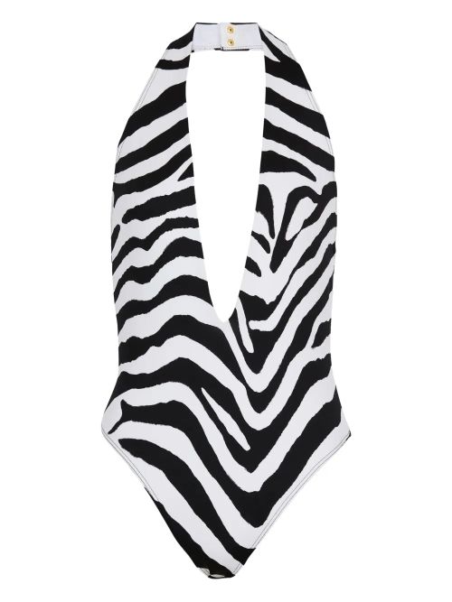 Zebra-Print Halterneck Swimsuit — White