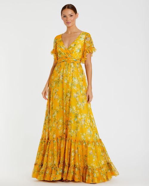 Yellow Multicolor Flounce Sleeve Floral Maxi Wedding Guest Dress In