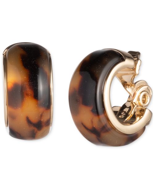 "Gold-Tone Small Tortoise-Look Clip-On Hoop Earrings, 0.5"" - Dark Brown"