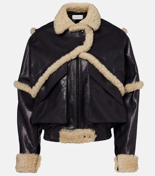 Shearling-trimmed leather bomber jacket