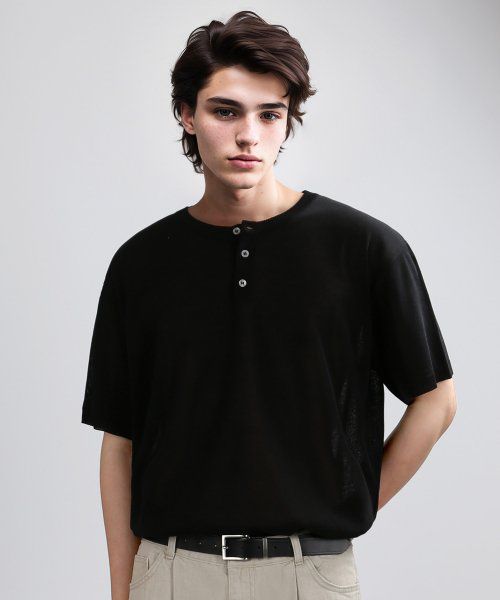 HENLEY NECK HALF MESH-KNIT