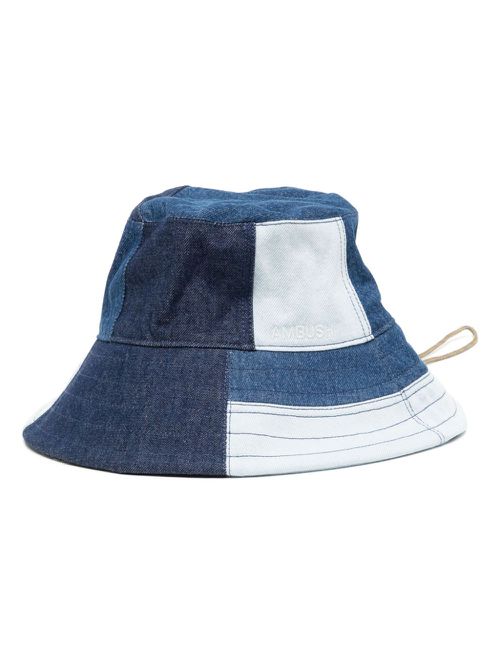 Denim patchwork drawstring bucket hat - Blue
