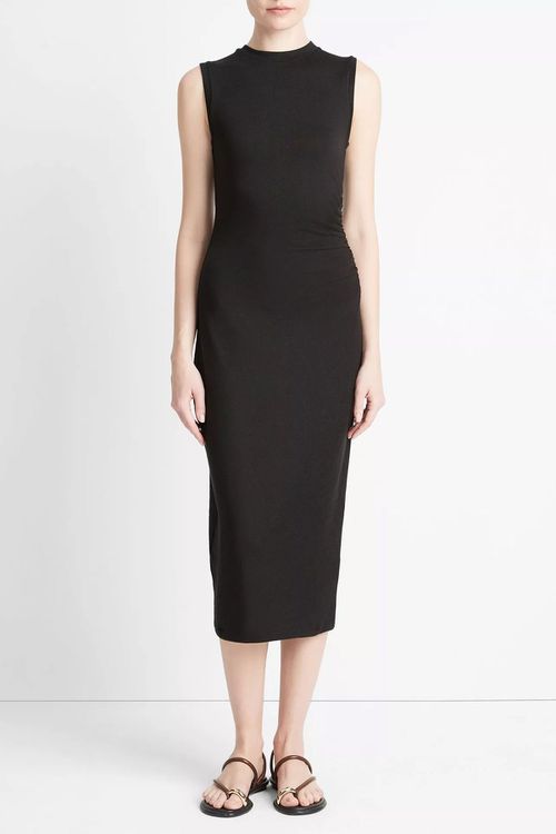 Sleeveless Gathered-Waist Dress in Black
