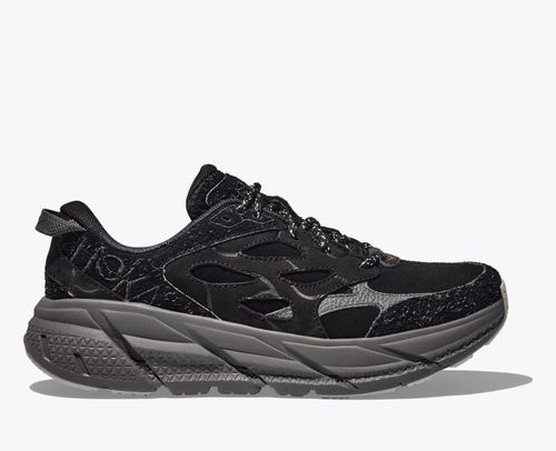 HOKA Elite Terrain System Clifton L Suede Shoes in Black/Satellite Grey