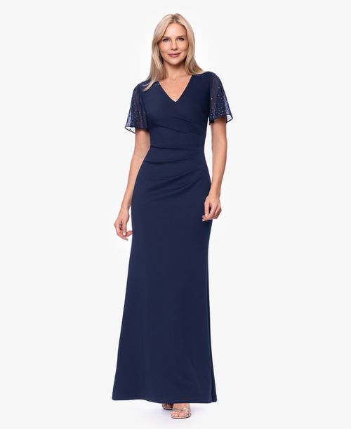 Women's Flutter-Sleeve V-Neck Gown - Navy