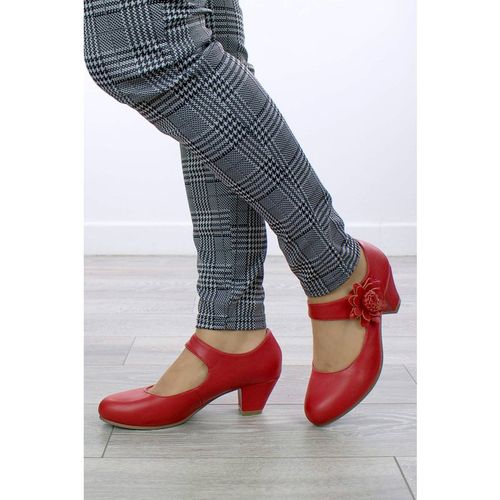 AJVANI Women's Mid Block Heel Flower Comfort Mary Jane Court Shoes in Red