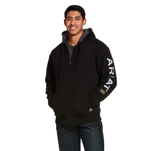 Men's Rebar All-Weather Full Zip Hoodie Long Sleeve Fleece in Black Cotton