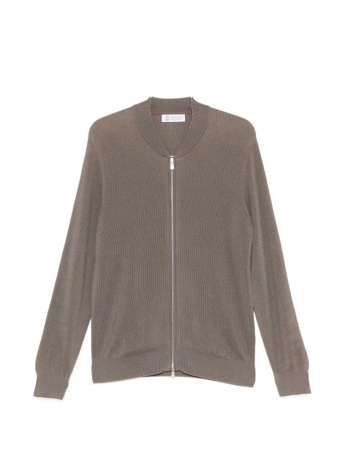 Ribbed Zip-Fastening Cardigan — Taupe