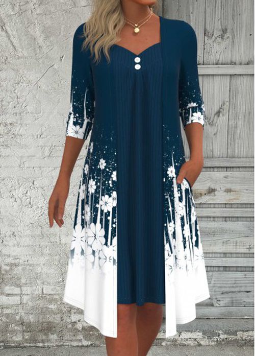 Modlily Peacock Blue Fake 2in1 Floral Print A Line Dre