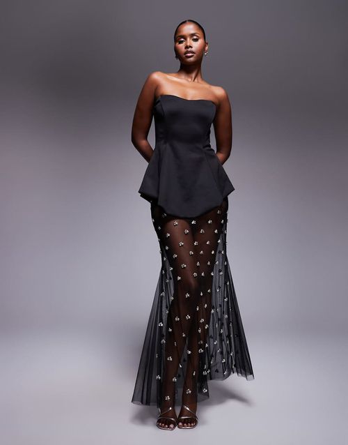 Premium moulded dress with embellished maxi skirt in black in scuba-style fabric