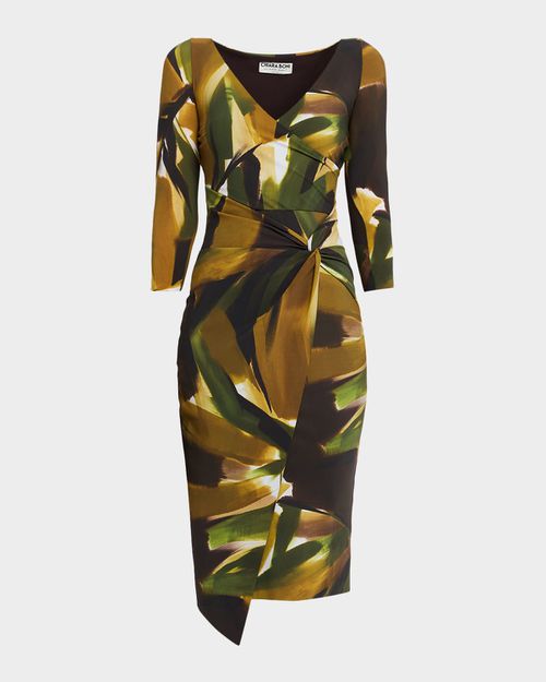 Axas Gathered Abstract-Print Midi Dress