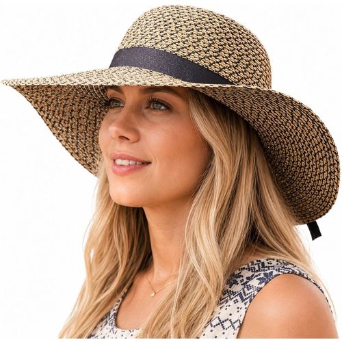 Woodland Leathers Womens Ladies Wide Brim Woven Sun Hat Adjustable Summer Beach Hat in Tan - One