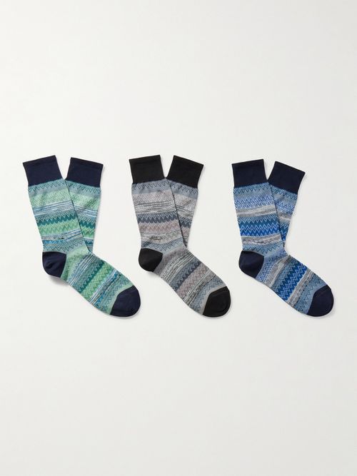 Men - Three-Pack Striped Crochet-Knit Cotton Socks