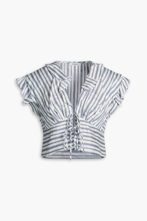 Cropped ruffled striped linen-blend top - Blue - 2