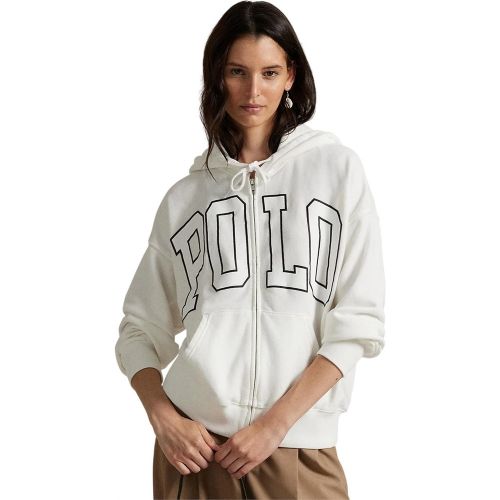 Antique White Polo Logo Lightweight Fleece Full-Zip Hoodie Sweatshirt