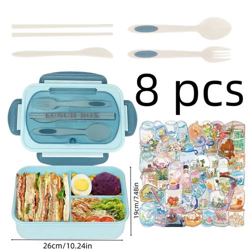 TEMU 8pcs Bento Lunch Box Set With Utensils fork, Chopsticks, Knife, Spoon - Microwave-safe Plastic Containers, Transparent Lids, Decorative