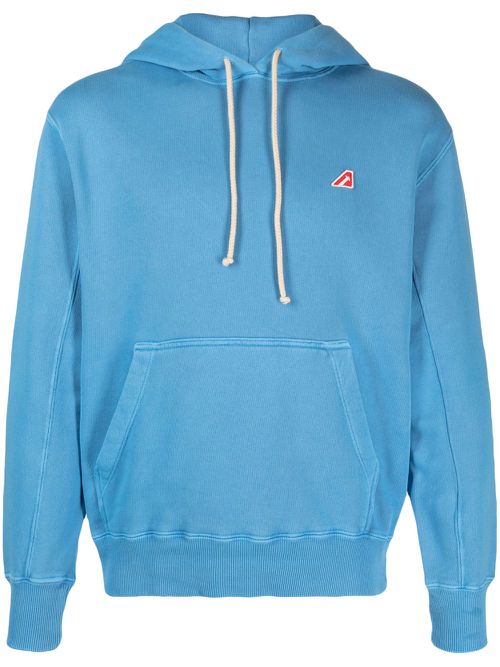 Logo-patch cotton drawstring hoodie - Blue