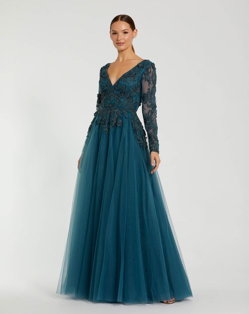 Long Sleeve Embellished Tulle Wedding Guest Maxi Gown In Teal