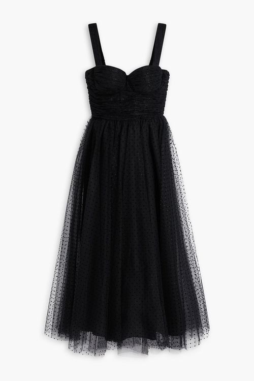 Polka-dot flocked tulle midi dress - Black - 00