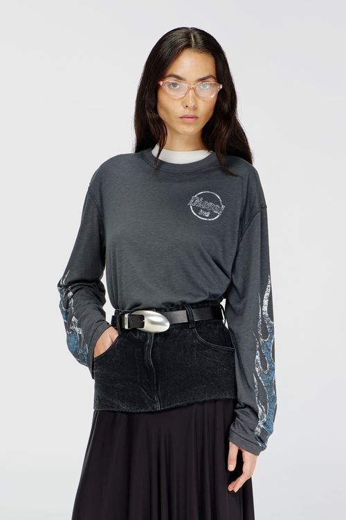 Long-sleeve T-shirt in slub jersey with crack print - T-Shirts - Woman - Grey