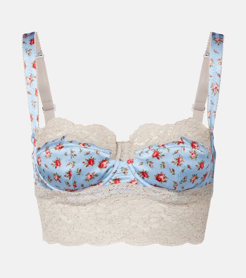 Floral lace-trimmed silk and cotton bra
