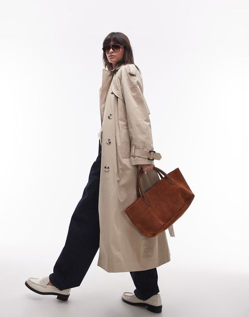 Topshop longline oversized trench coat in stone-Neutral